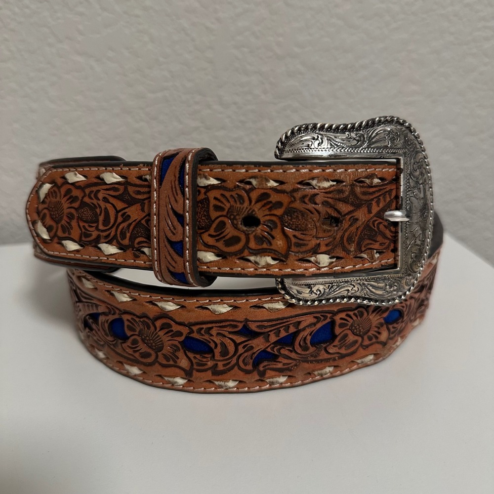 Nocona Belt Co Floral Tooled Leather Belt Mens 42 Brown Blue Buckstitch N2498727